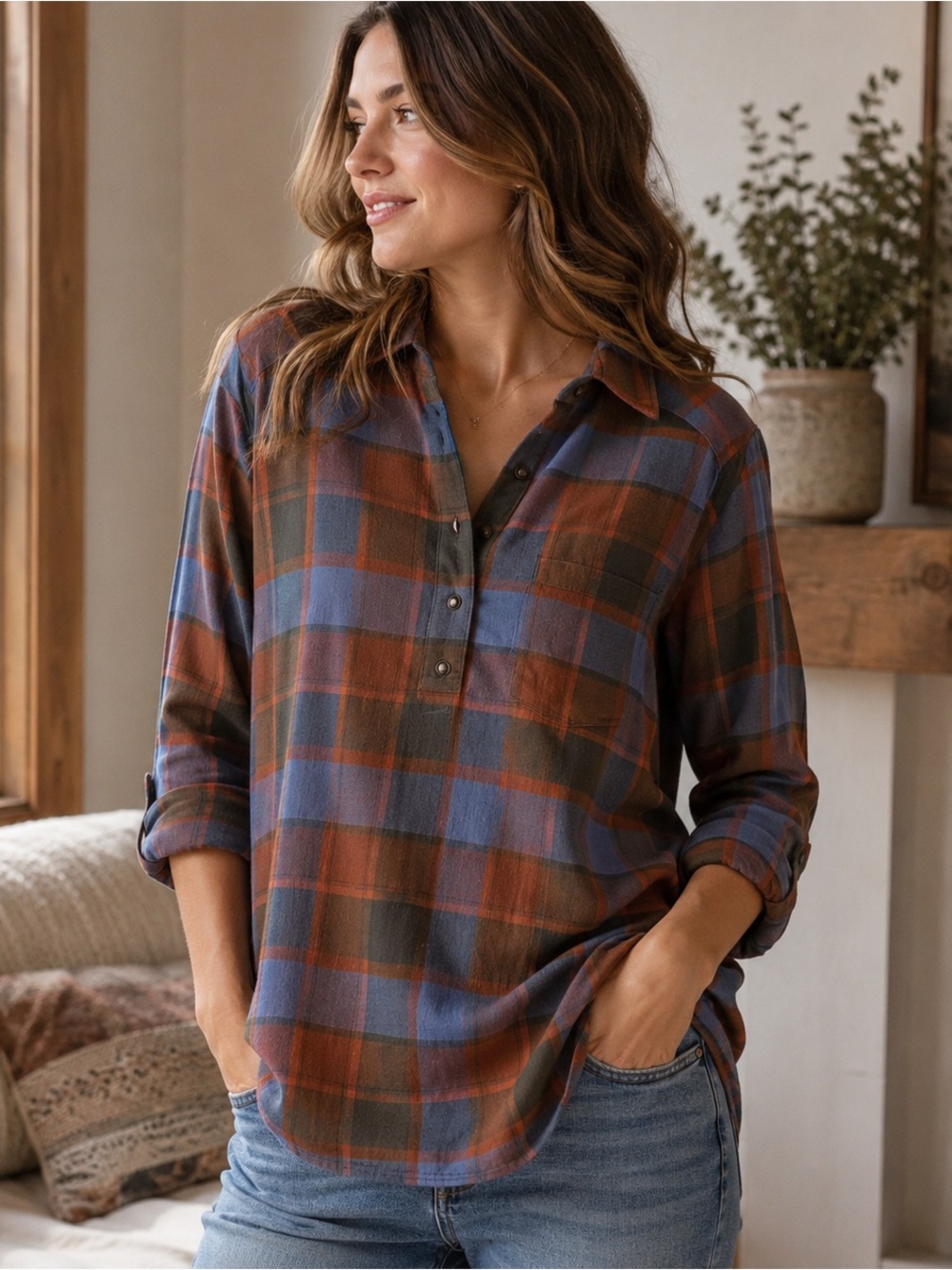 Toad & Co Cairn Popover Tunic Plaid XS Blue Rust Olive Lightweight Pocket Shirt